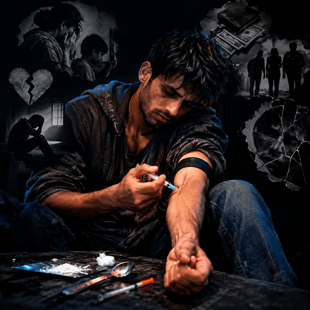 A young man struggling with heroin addiction, surrounded by drug paraphernalia, emotional pain, family conflict, financial problems, isolation, and the consequences of substance abuse.