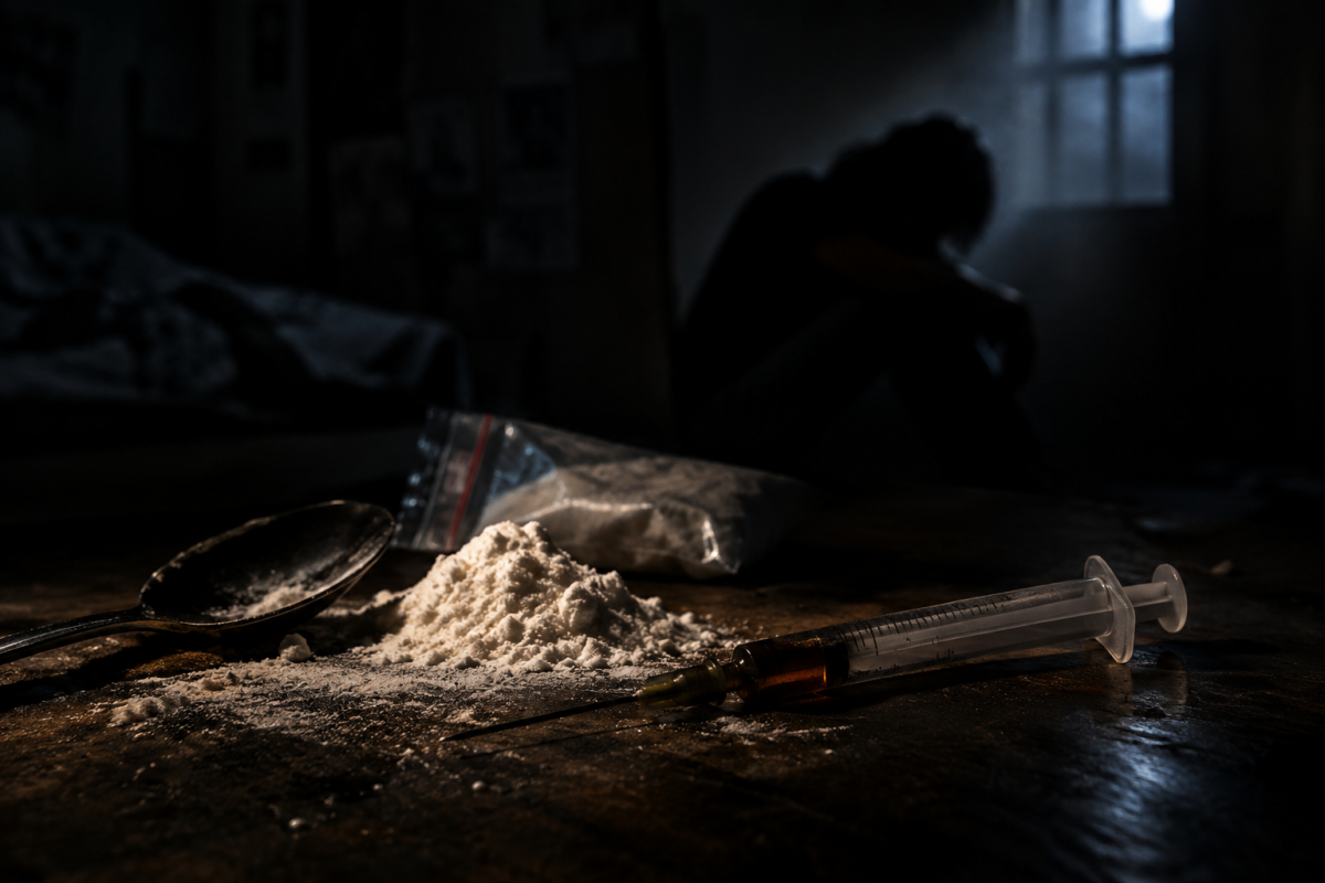 A young man struggling with heroin addiction, surrounded by drug paraphernalia, emotional pain, family conflict, financial problems, isolation, and the consequences of substance abuse.