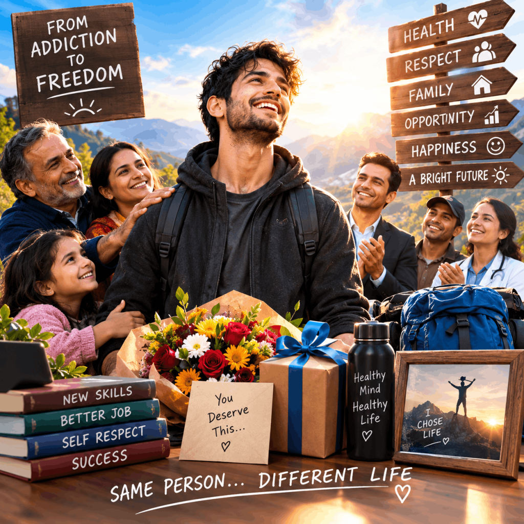 A smiling young man celebrating recovery surrounded by family, friends, flowers, gifts, and symbols of health, respect, opportunity, happiness, new skills, success, and a brighter future.