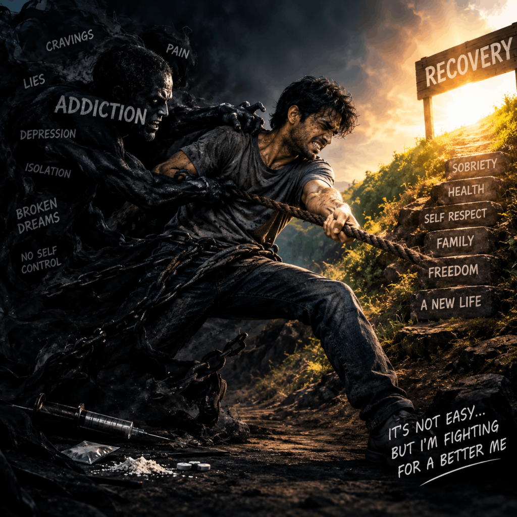 A person struggling to break free from addiction while moving toward a bright recovery path representing sobriety, health, self-respect, family, freedom, and a new life.