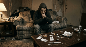 A man wearing a dark brown hooded sweatshirt and jeans sits on a very worn and torn fabric couch in a dimly lit, rundown living room. He is looking down at a wooden coffee table in front of him, which is cluttered with various illicit drug paraphernalia, including clear plastic bags with powders, a spoon, a syringe, a lighter, cigarette butts, and empty beer cans. An old lamp on a side table is turned on.