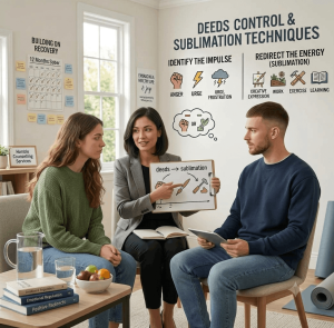 A photo of a counseling session in a bright, modern therapy room. A female counselor around age 32 wearing a grey blazer sits in the center holding a clipboard. She points to a diagram illustrating "deeds $\rightarrow$ sublimation," showing how negative impulses can be redirected into constructive actions. To her left sits a young woman around 24 in a green sweater listening attentively, and to her right sits a young man around 26 in a blue sweatshirt holding a tablet, looking focused and reflective. Behind them, graphics on the wall outline "Deeds Control & Sublimation Techniques," detailing steps to identify impulses (anger, urge, frustration) and redirect energy into creative expression, work, exercise, and learning. On the side table in the foreground are books on emotional regulation, a pitcher of water, and a bowl of fresh fruit. 