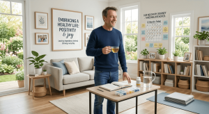 A smiling middle-aged man in a blue sweater and jeans stands in a bright, modern living room with large windows showing a lush garden. He is holding a clear cup of tea. He is looking off to the right. Posters on the wall behind him read "Embracing a Healthy Life: Positivity & Joy" and "Our Recovery Journey - Threshold Reached." Another chart on the wall is a calendar titled "12 Months Sober." On a table in the foreground are a notebook, pen, a water jug, a glass of water, and a pill organizer.