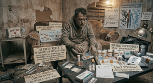 An older man in a dirty hoodie and sweatpants sits on a severely tattered and torn fabric couch in a very messy and dilapidated room with peeling paint. He is organizing multi-colored pills into a white pill organizer on a coffee table. The table is covered with prescription drug bottles and medical equipment, including a blood pressure monitor and syringes. Signs around him read "The Cycle Repeats: Dependent on Prescriptions," "Daily Struggle (Prescription Use to Live)," "Previous Addiction (Street Drugs) - Quitted 1 year ago," and "Current Dependency (Prescription Medications)." Posters on the wall show recovery charts.